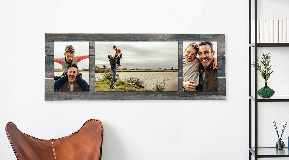 Mounted photos of a father and son on barn wood and hanged on the wall