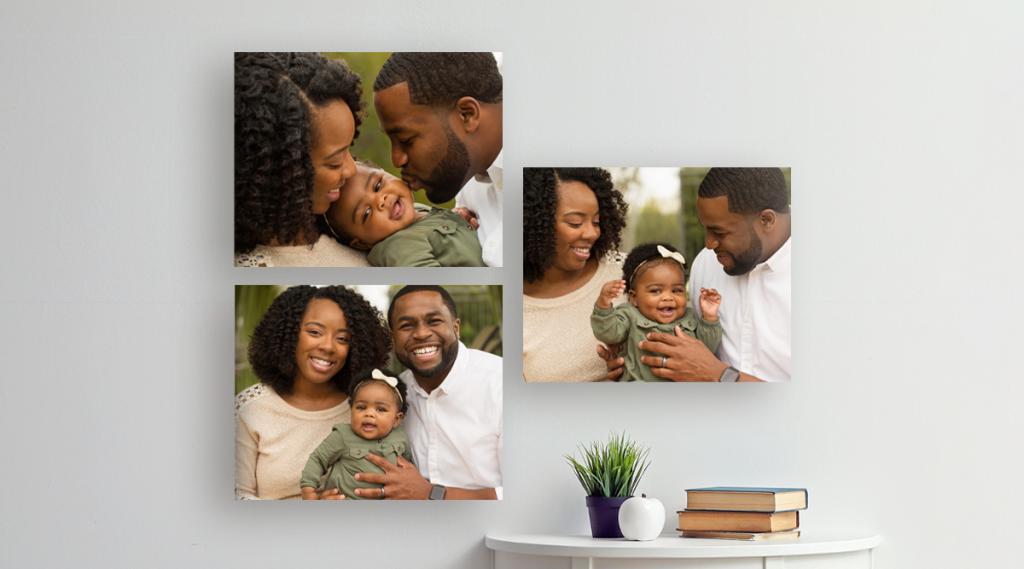Wall grouping of three 16x20 family portraits.