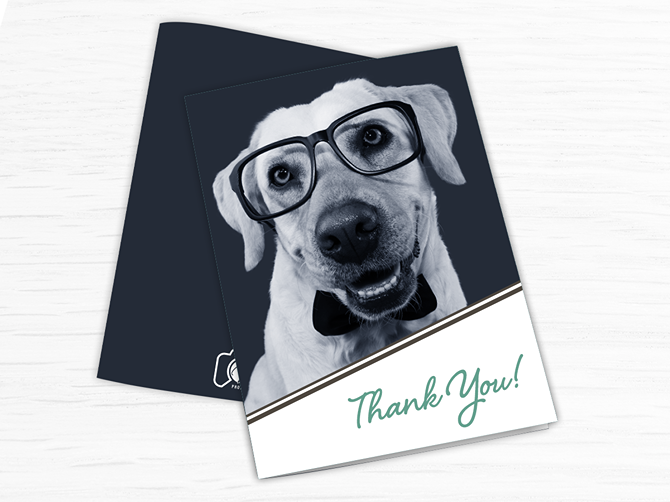 Sample of a folding card featuring an image of a dog with glasses.