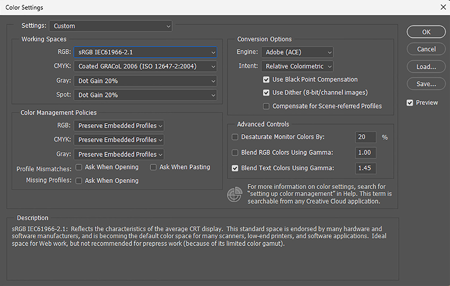 Adobe Photoshop Color Settings