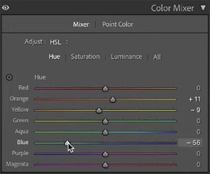 Color Mixer settings in Adobe Lightroom.