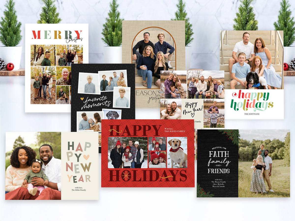 Multiple Happy New Year, Happy Holidays, Merry Christmas 5x7 Holiday Press Card designs.