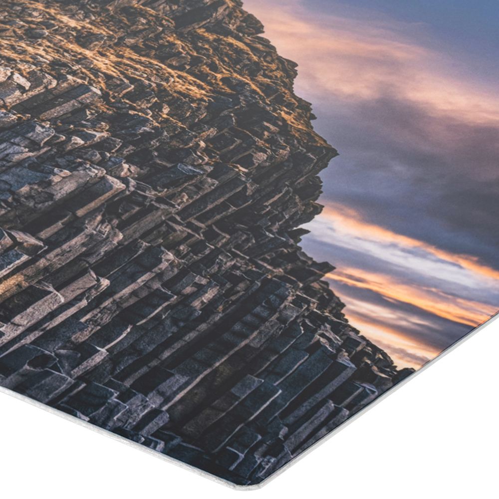 Detailed corner of a Metal Print with a landscape image, printed by McKenna, that you can offer through Wall Art by Flow Web Design.