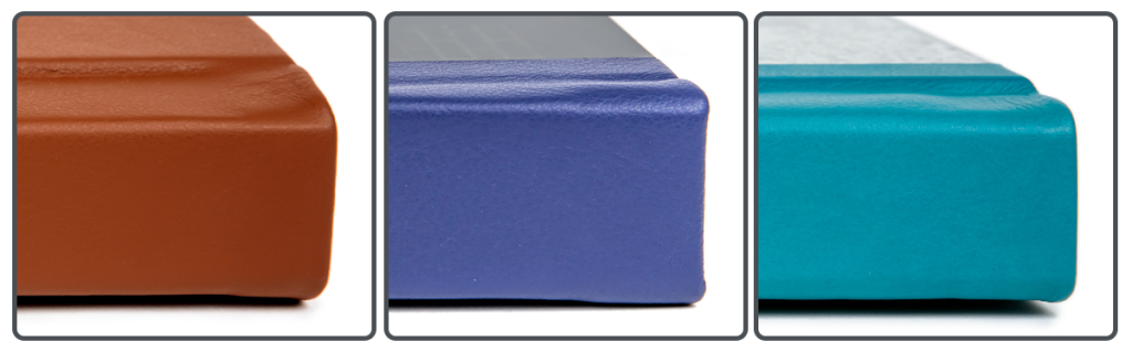 3 images, each showcasing the spine of a photo album using a new Genuine Leather. 