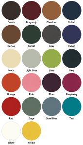 Swatches of the new Genuine Leathers including: Brown, Burgundy, Chestnut, Cobalt, Coffee, Forest, Gray, Indigo, Ivory, Light Gray, Lime, Navy, Orange, Pink, Plum, Raspberry, Red, Sage, Steel Blue, Teal, White, Yellow