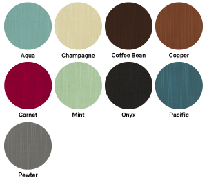 Swatches of the new Silk line including: Aqua, Champagne, Coffee Bean, Copper, Garnet, Mint, Onyx, Pacific, Pewter