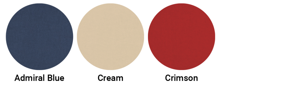 Swatches of the Synthetic Leather options including: Admiral Blue, Cream, Red
