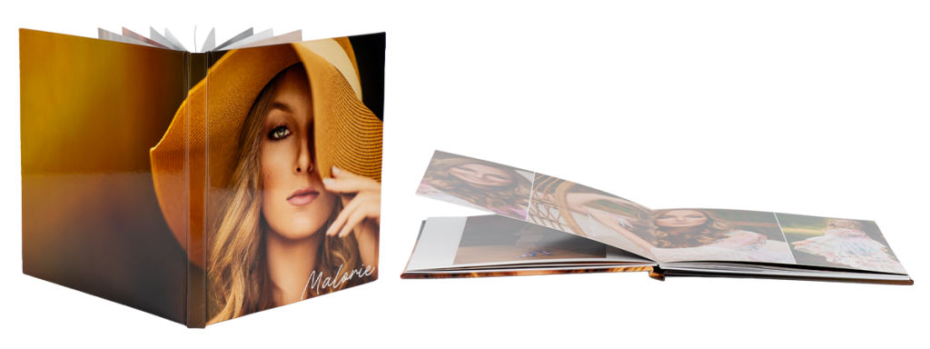 Senior girl wearing a floppy hat on the photo cover of a McKenna Layflat Photo Book, plus a view of an opened book beside it to show how the pages layflat.