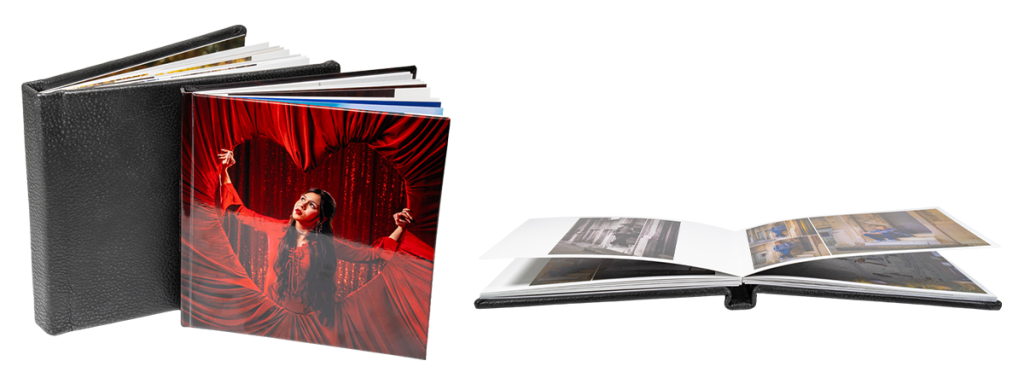 McKenna's Layflat Press Books on the left featuring a leather cover as well as a photo cover of a senior girl wearing read looking through a heartshaped window made of fabric. On the right, there is an image of a Layflat Press Book opened.