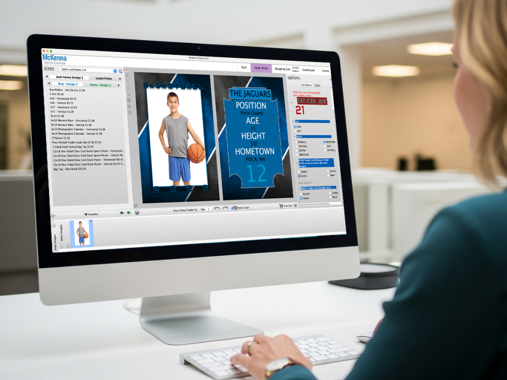 Computer screen showing the McKenna Pro Sports 2.0 ordering software with a youth basketball player's photo on a trader card design.