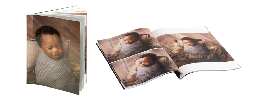 Image of a newborn swaddled in a brown blanket on the front of a Soft Cover Press Book from McKenna on the left, and a image of the book opened on the left to show that the pages do not layflat. It's a premium magazine style book.